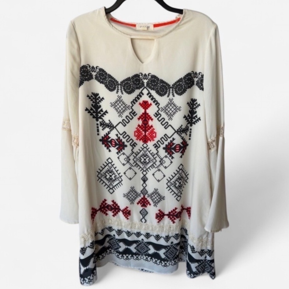 Taylor & Sage Mini Dress Ivory Red Black Tribal Print Festival Boho Womens XL
